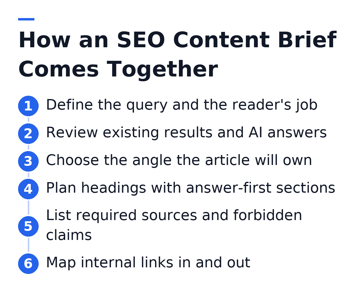 How an SEO Content Brief Comes Together: 1. Define the query and the reader's job; 2. Review existing results and AI answers; 3. Choose the angle the article will own; 4. Plan headings with answer-first sections; 5. List required sources and forbidden claims; 6. Map internal links in and out.