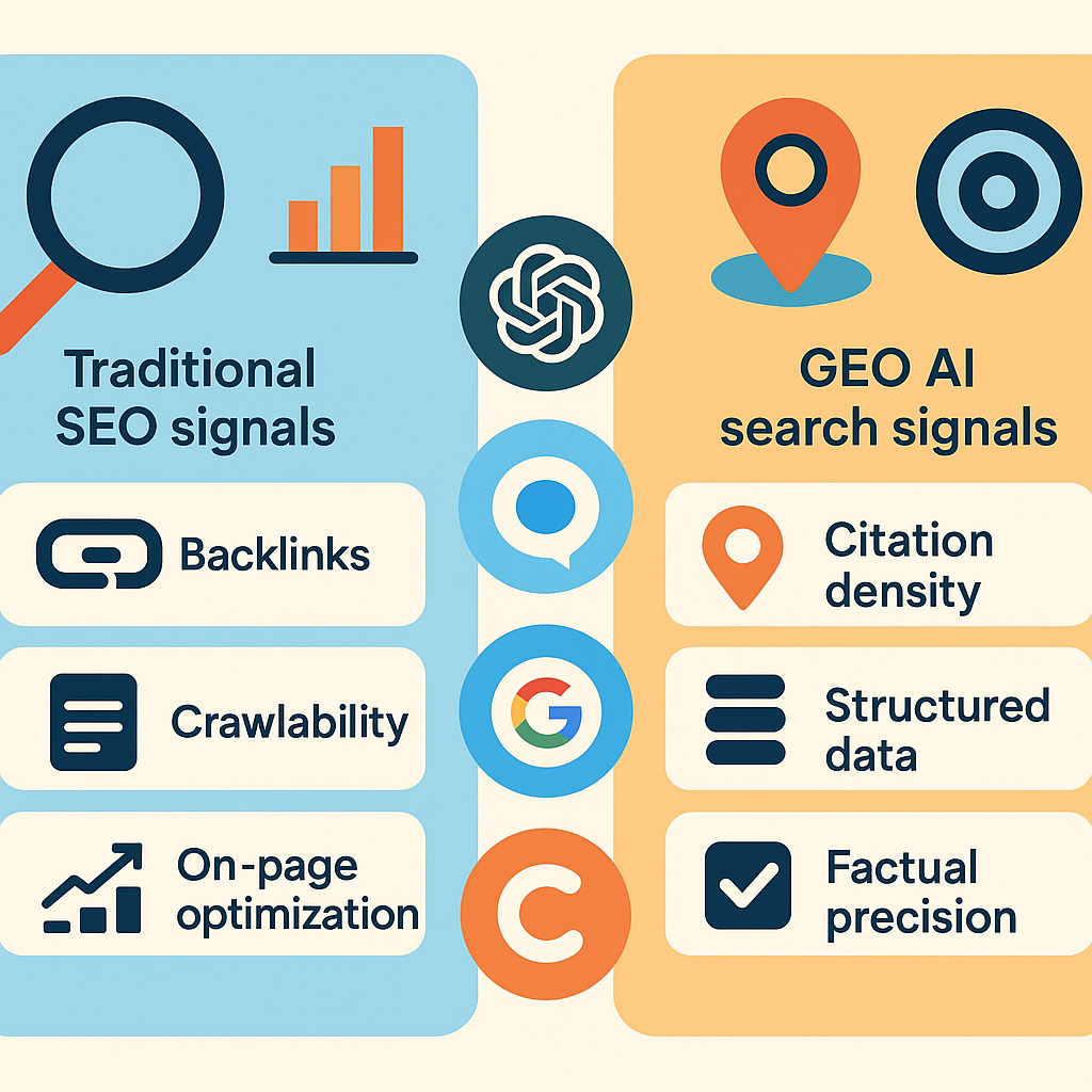 Infographic comparing traditional Google SEO ranking factors versus GEO AI search visibility signals for enterprise companies