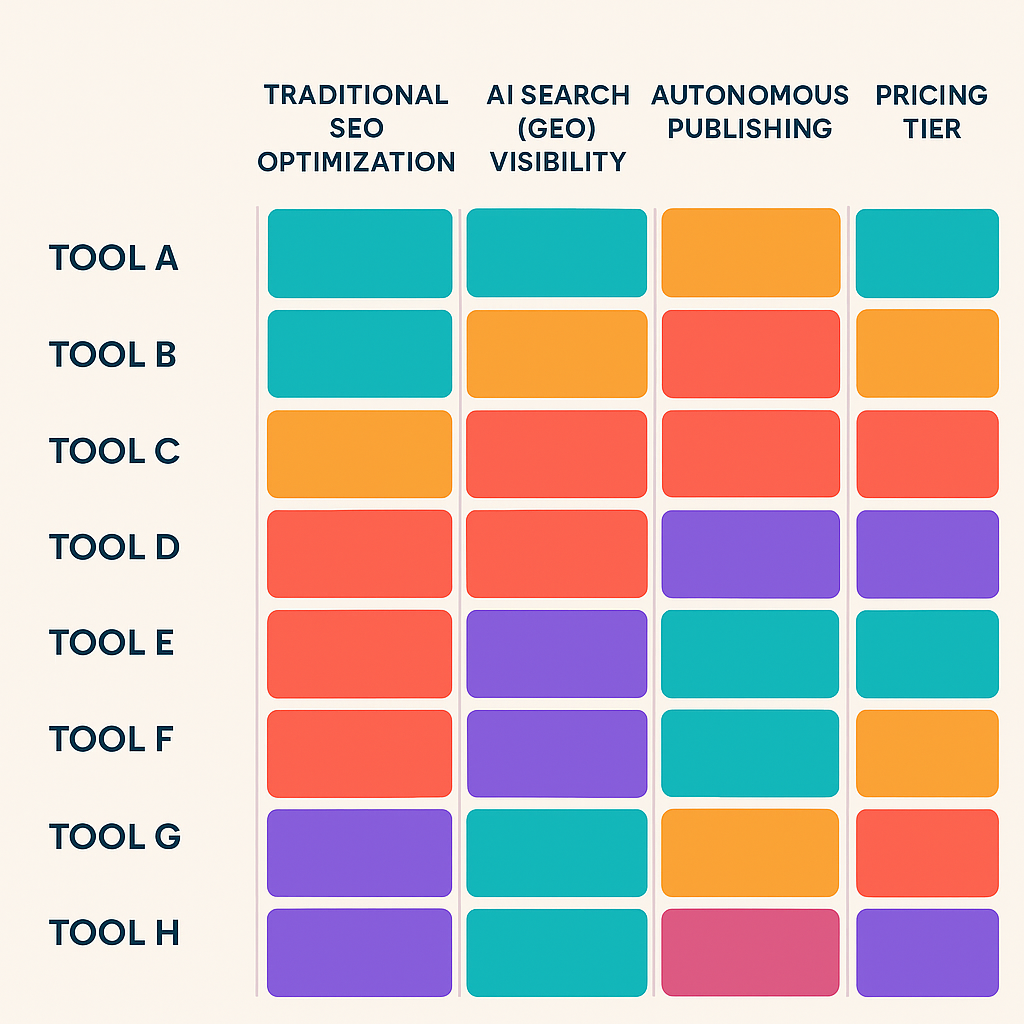 Comparison chart of 8 Surfer SEO alternatives rated on SEO optimization, AI search visibility, autonomous publishing, and price