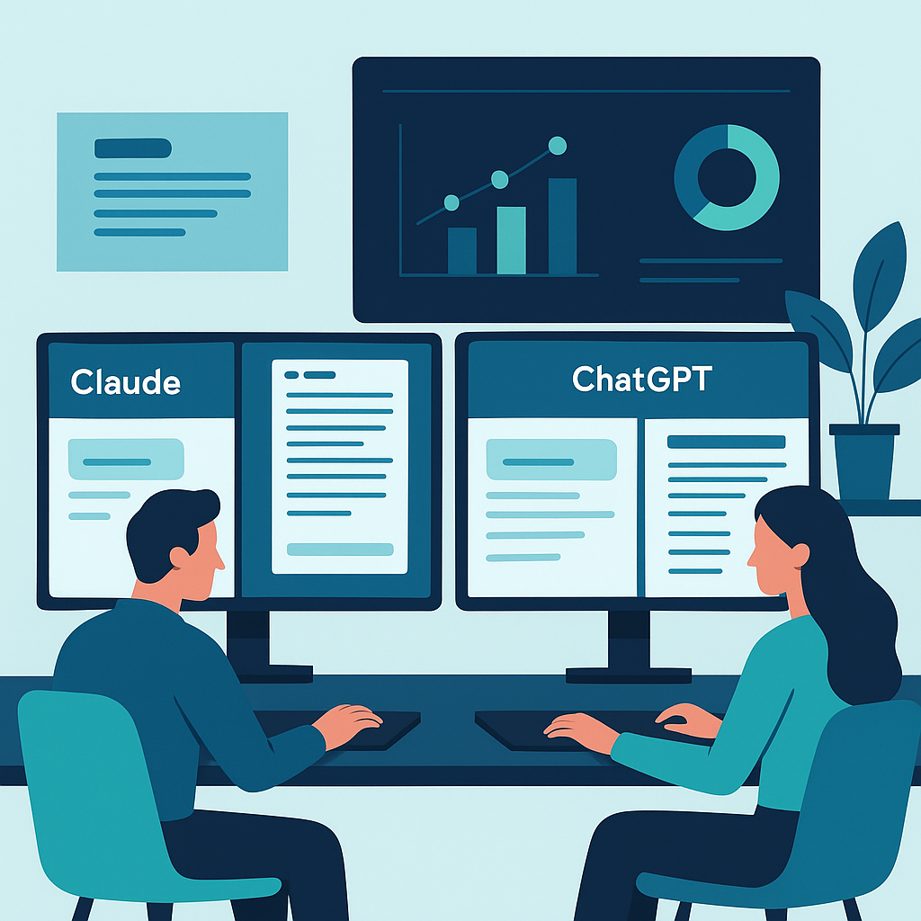 B2B SaaS content team comparing Claude AI and ChatGPT writing outputs on dual monitors