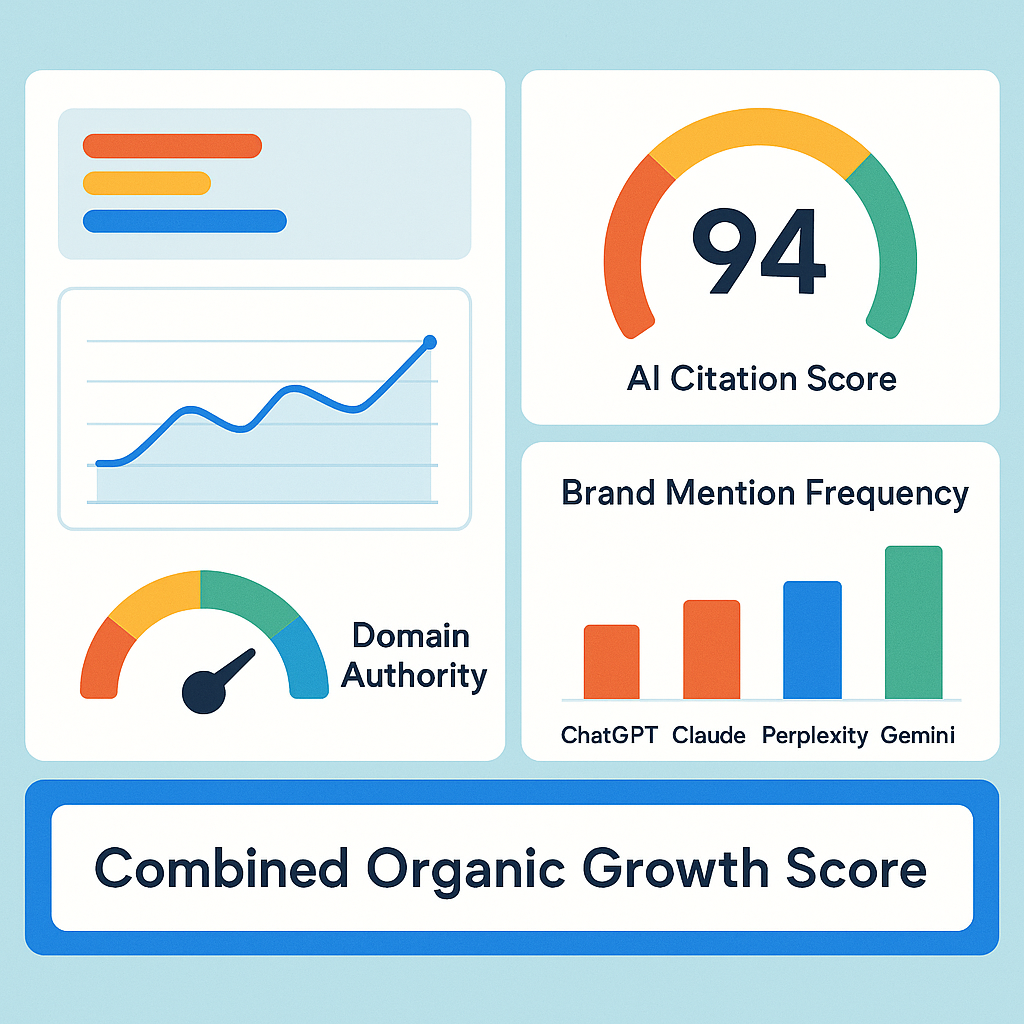 Dashboard infographic showing both traditional SEO metrics and AI visibility score metrics for artificial intelligence optimization measurement
