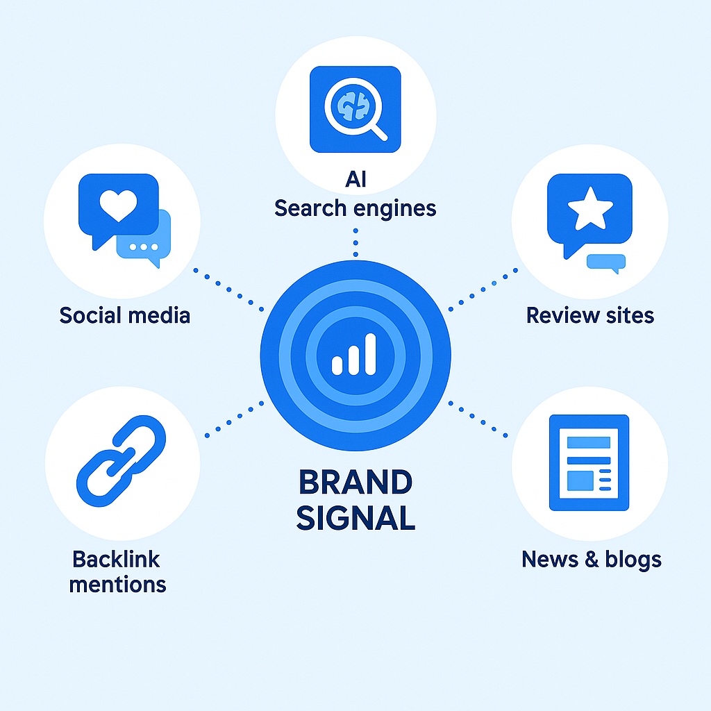 brand monitoring channels infographic showing social media, AI search, review sites, news, and backlinks