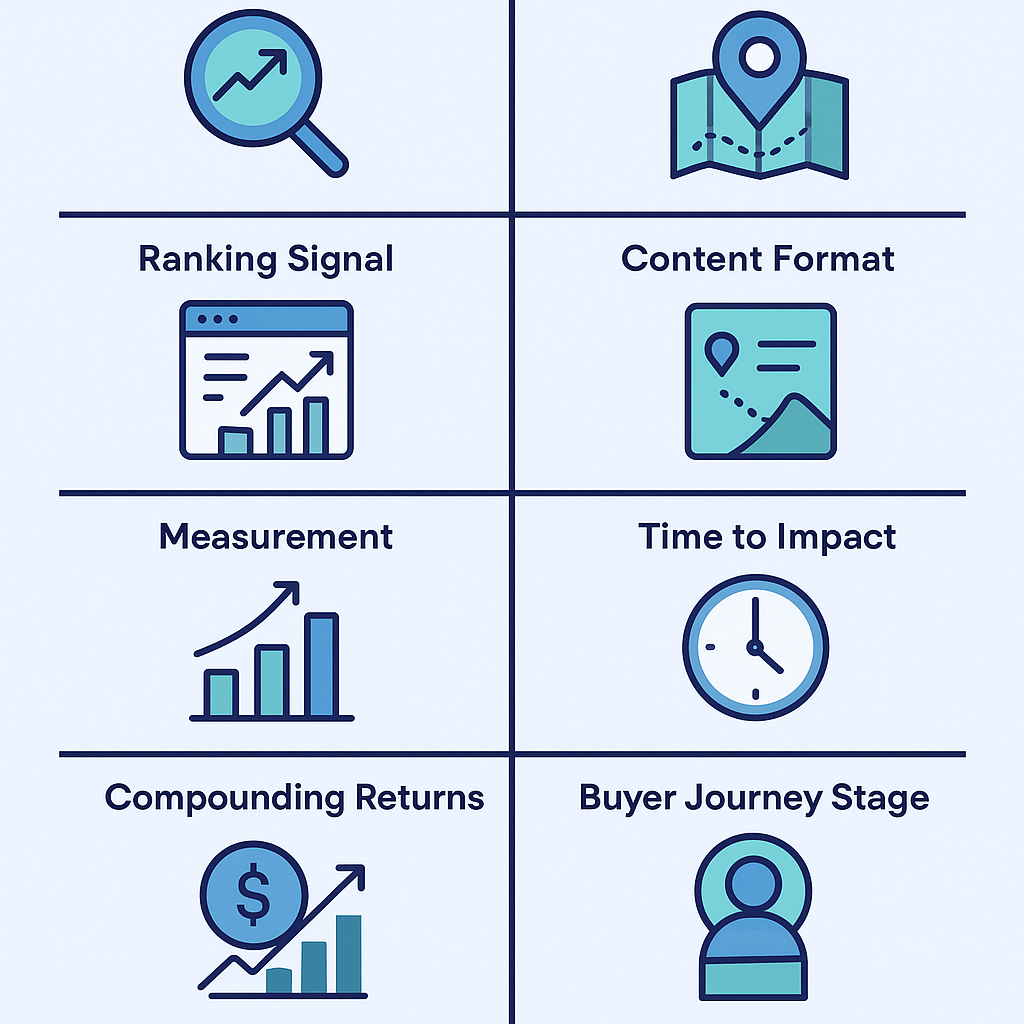 GEO vs SEO comparison infographic showing six evaluation axes for B2B SaaS marketing teams