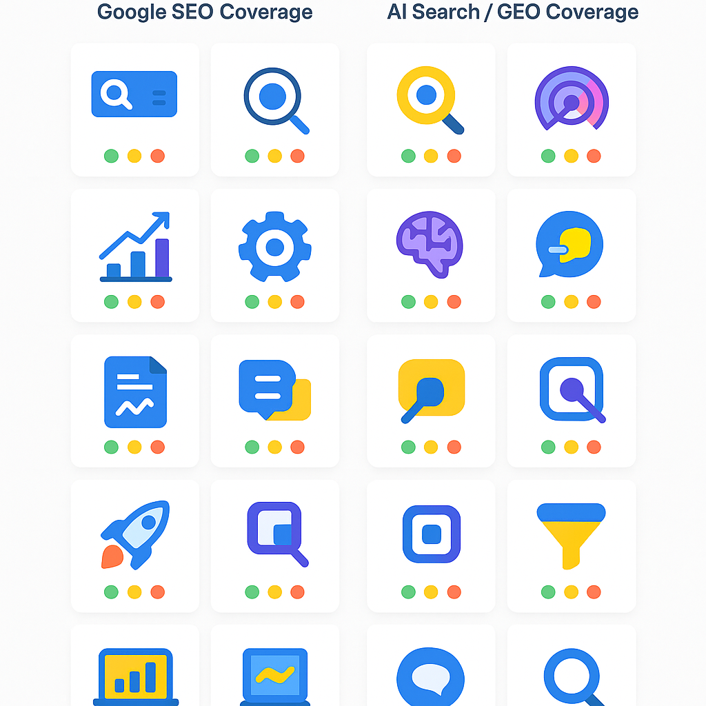 Comparison chart of 14 free AI SEO tools rated for Google SEO coverage and AI search visibility coverage