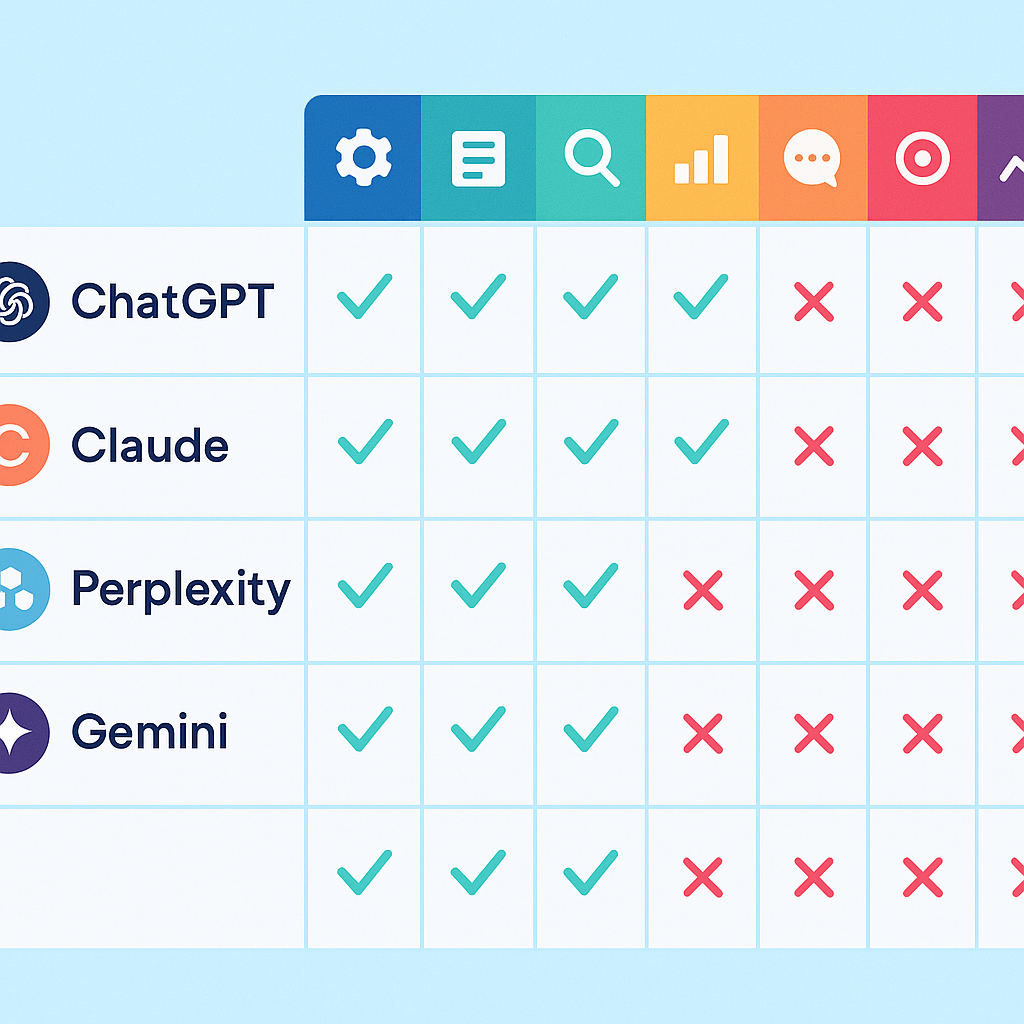Engine coverage comparison chart showing which generative engine optimization tools track ChatGPT, Claude, Perplexity, and Gemini in 2026