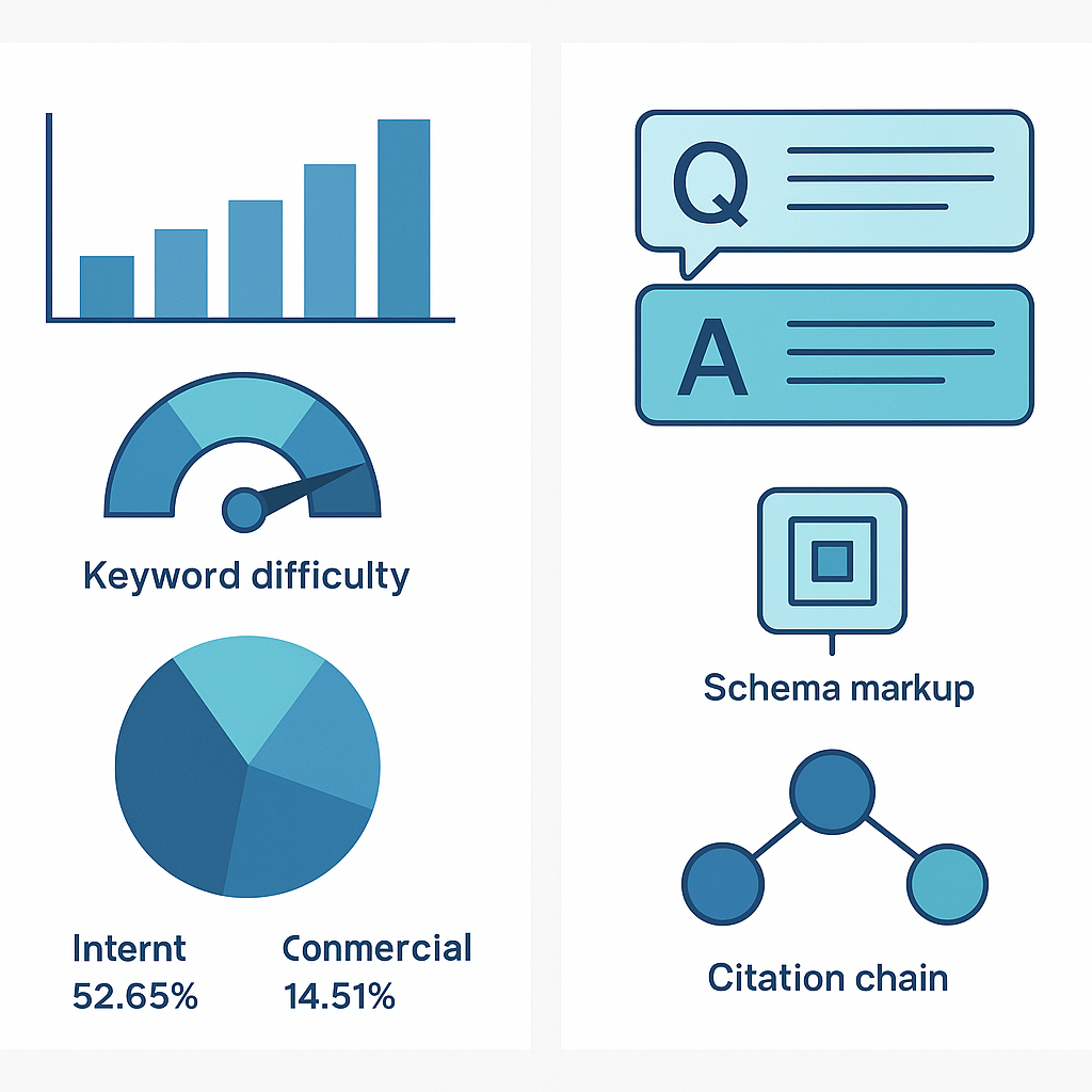 Side-by-side comparison of traditional Google keyword research metrics and AI search citation signals for content optimization in 2026