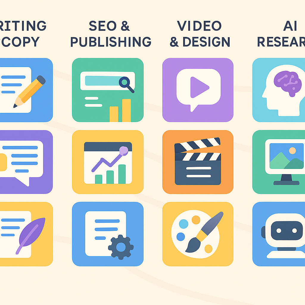 AI tools for content creators organized by category: writing, SEO, video, and AI research