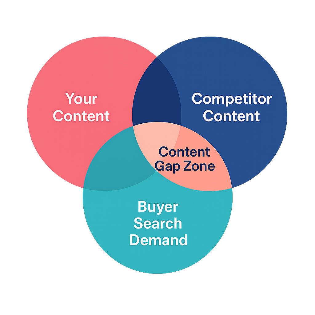 SEO content gap analysis Venn diagram showing the intersection of competitor content and buyer demand that a brand's content misses