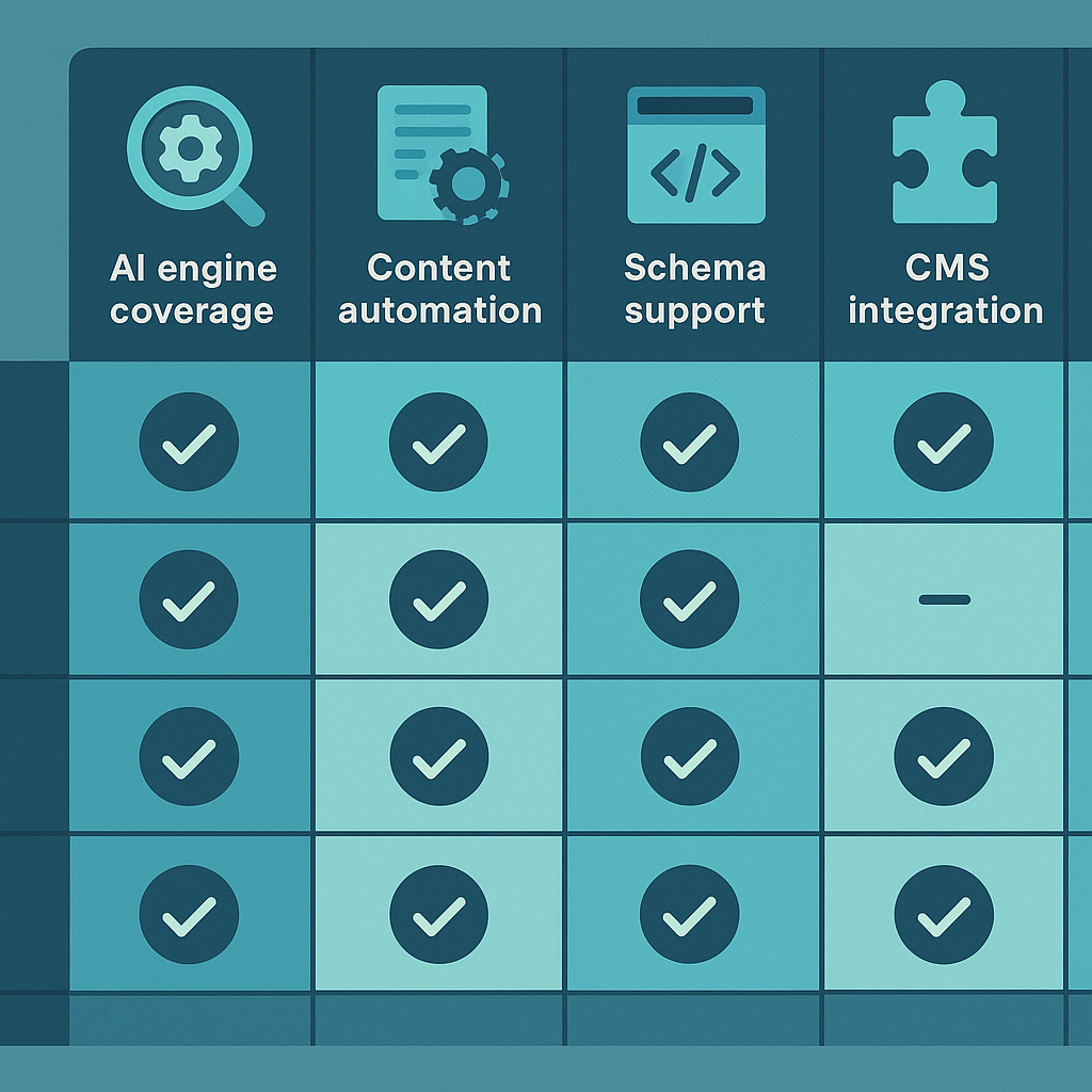 Comparison infographic of six AEO tools across AI coverage, content automation, schema, CMS integration, and pricing dimensions