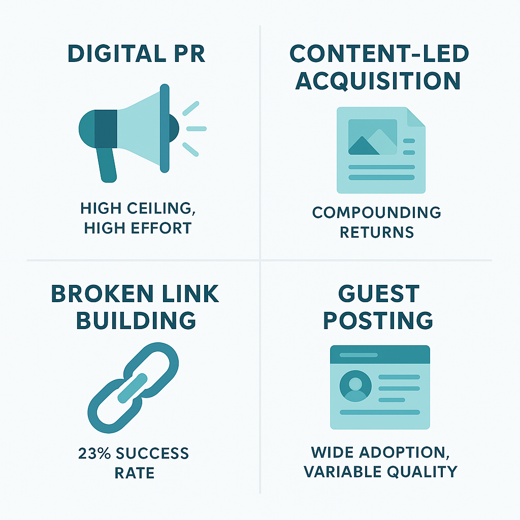 Infographic showing four core backlink acquisition channels for B2B SaaS: digital PR, content-led acquisition, broken link building, and guest posting, with effort and ceiling ratings