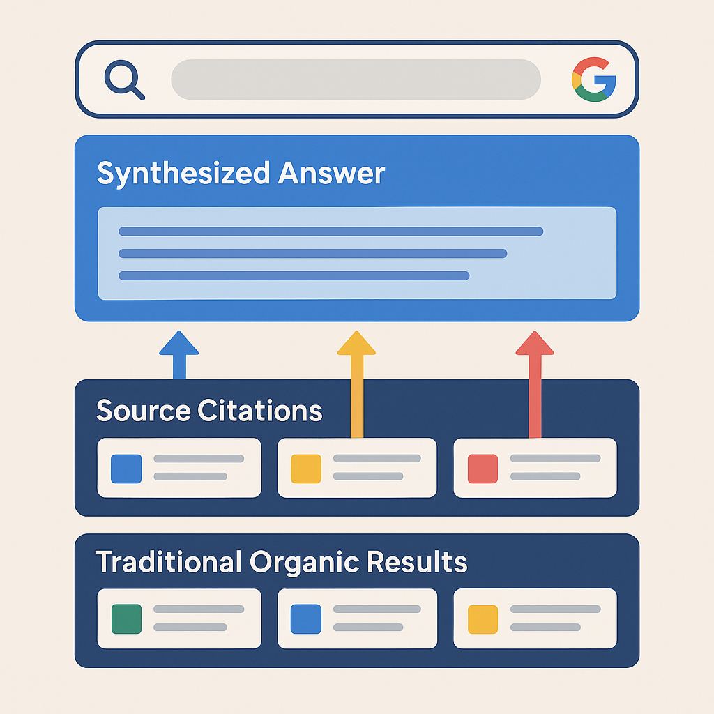 infographic showing the structure of Google AI Overviews and how they pull citations from multiple ranked sources above traditional organic results