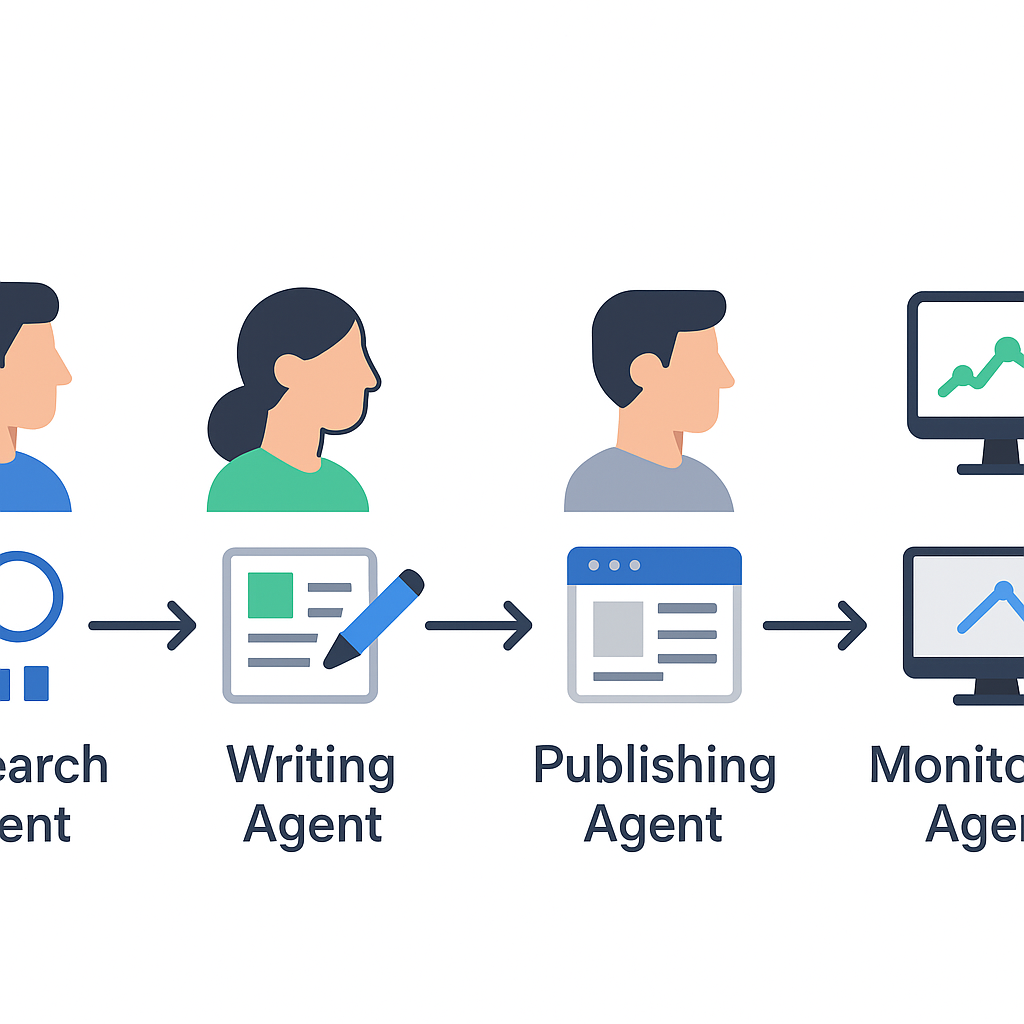 Multi-agent SEO AI pipeline diagram showing research, writing, publishing, and monitoring agents