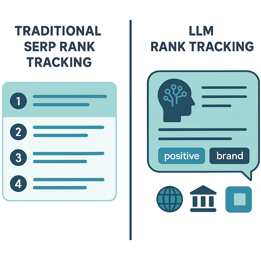 Infographic comparing traditional SERP rank tracking versus LLM rank tracker citation and mention tracking