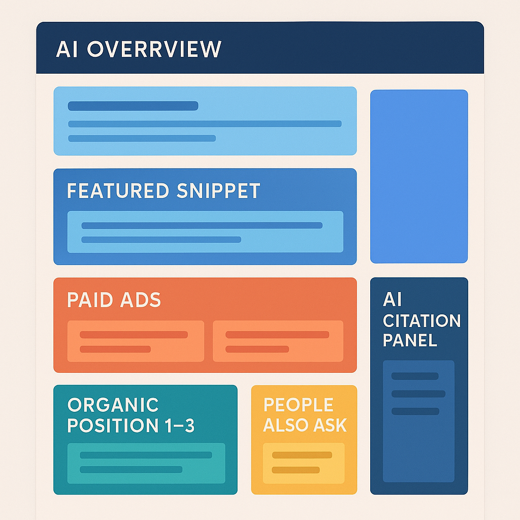 Infographic showing the anatomy of a 2026 SERP with AI Overviews, featured snippets, paid ads, and organic positions labeled