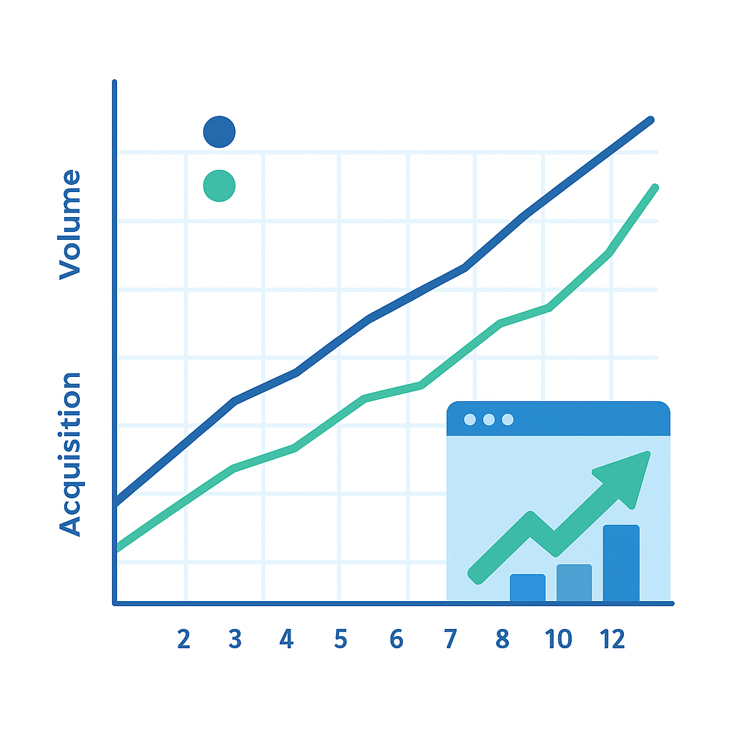 Graph showing how consistent content publishing compounds backlink acquisition over time compared to low-volume content strategies
