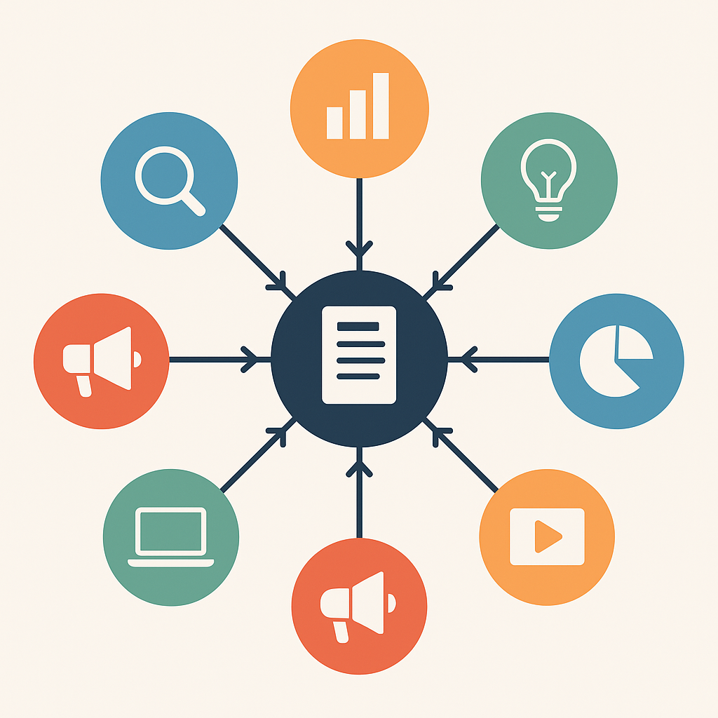 Topical authority SEO hub-and-spoke content cluster diagram showing pillar page connected to supporting articles