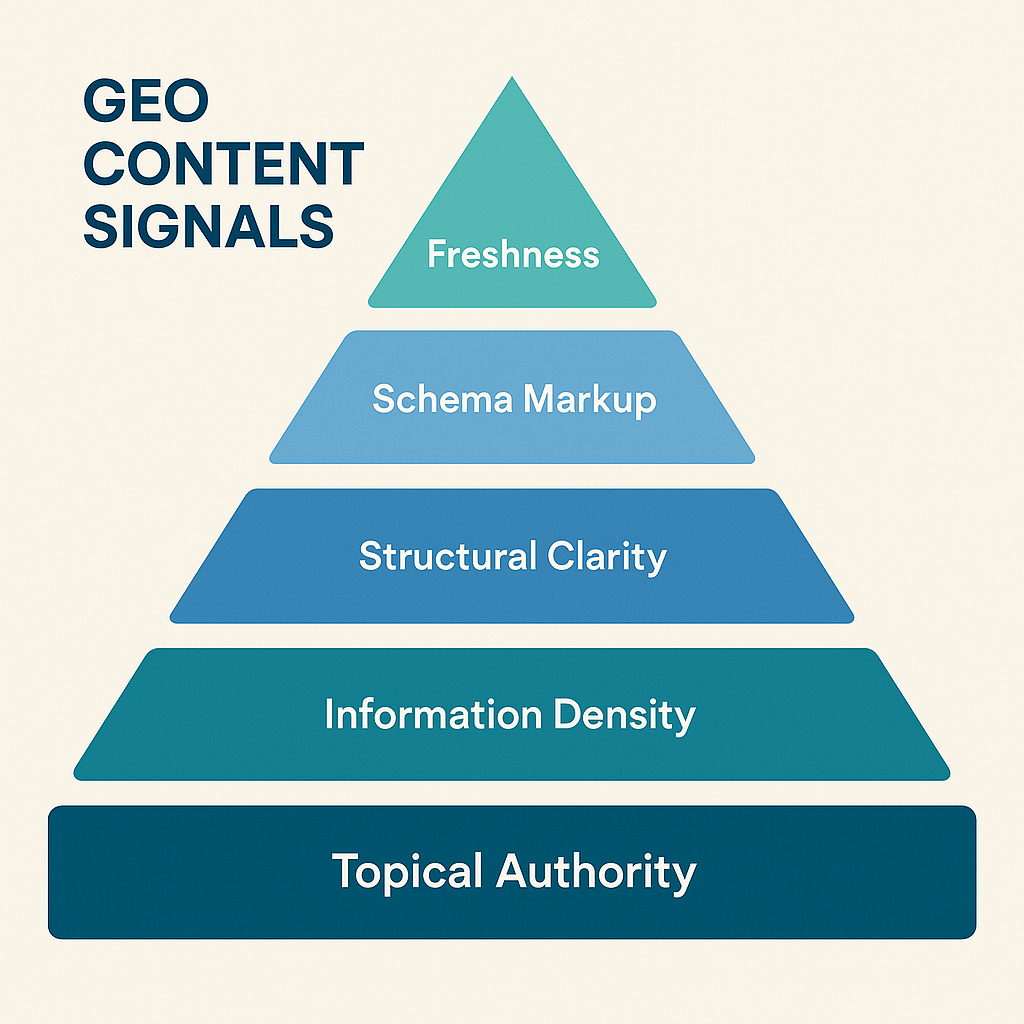 Priority stack infographic showing the five GEO AI search content signals from topical authority at the base to content freshness at the top