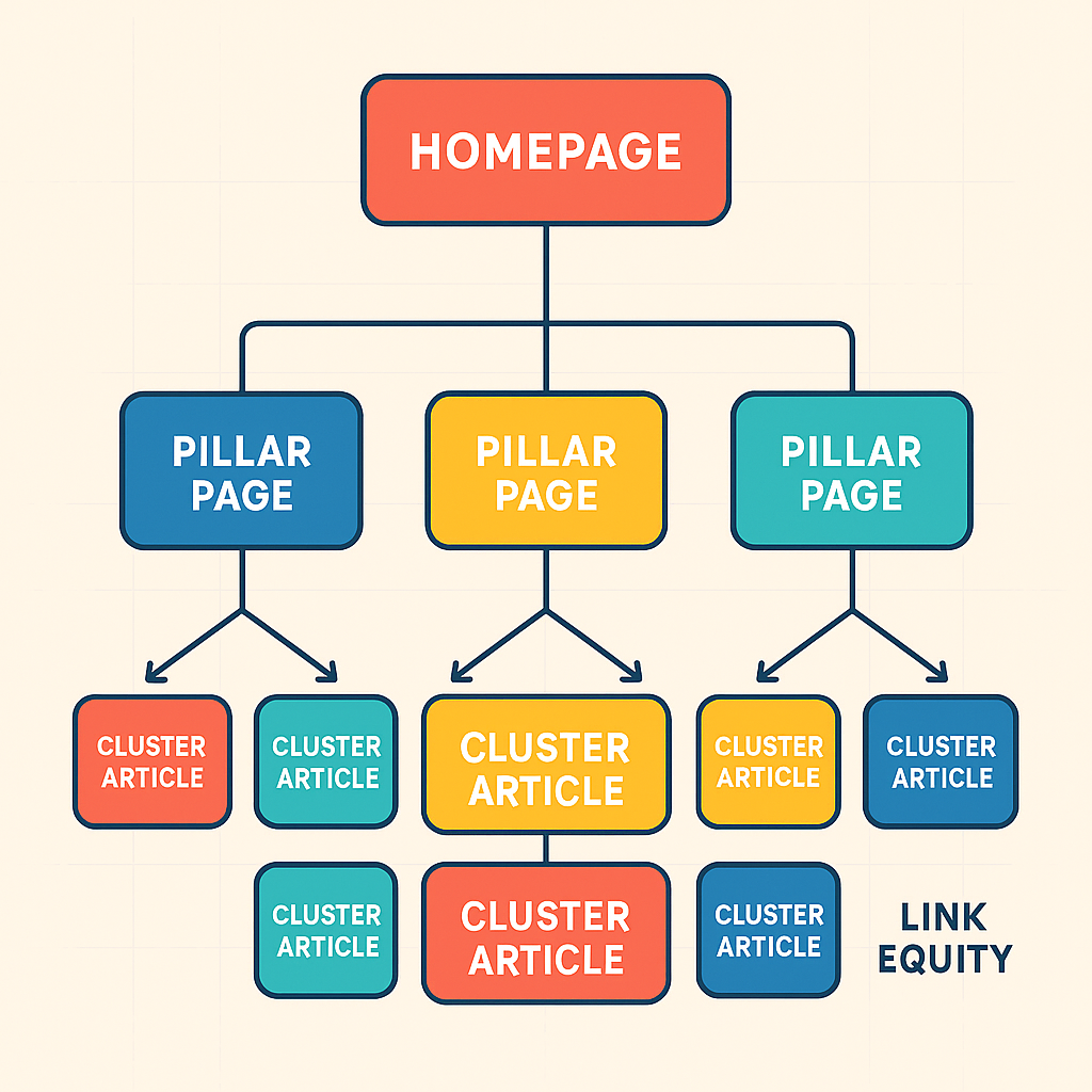 internal linking site architecture diagram showing link equity flow from homepage to pillar pages to cluster articles