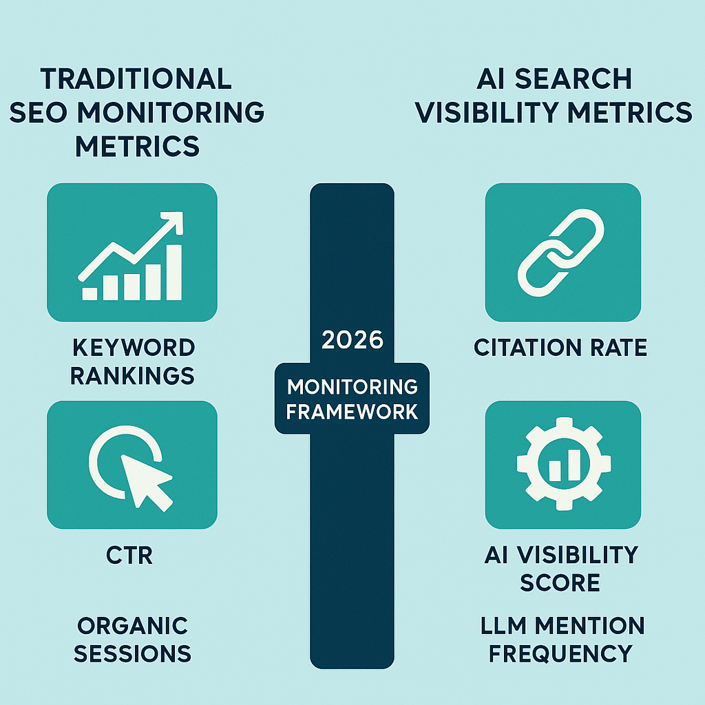 comparison infographic of traditional SEO monitoring metrics versus AI search visibility metrics in 2026