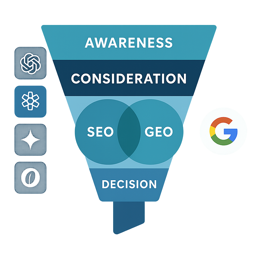 B2B buyer journey funnel showing where SEO and GEO drive visibility at each stage