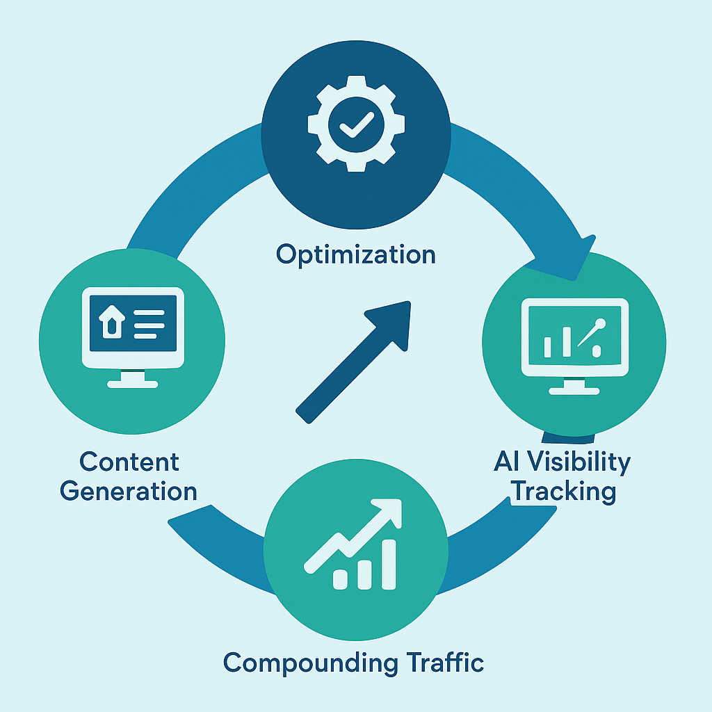 Infographic showing the autonomous content flywheel connecting content generation, optimization, AI visibility tracking, and compounding organic traffic