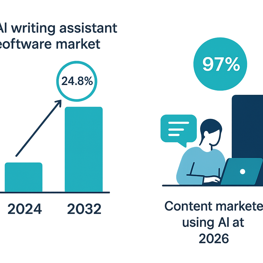 AI writing services market growth chart showing CAGR of 24.8% from 2024 to 2032 alongside 2026 content marketer AI adoption rate