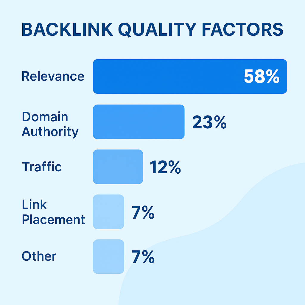 Infographic showing backlink quality factors ranked by importance for SEO in 2026, with relevance at 58%