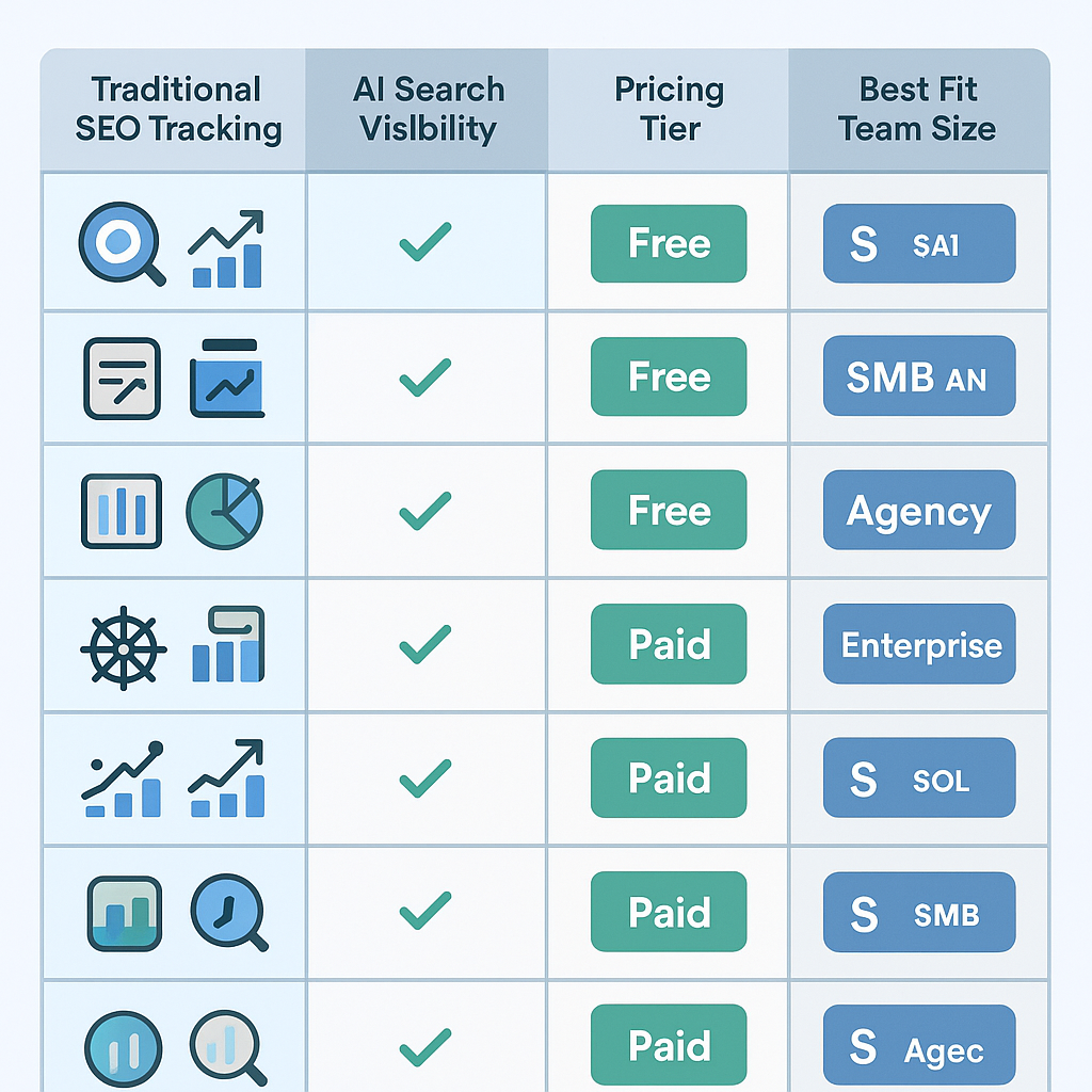 Comparison infographic of 11 best rank tracking tools by SEO coverage, AI visibility, pricing, and team size