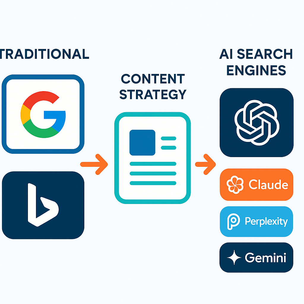 Infographic showing startup SEO split between traditional Google search and AI search engines like ChatGPT and Perplexity