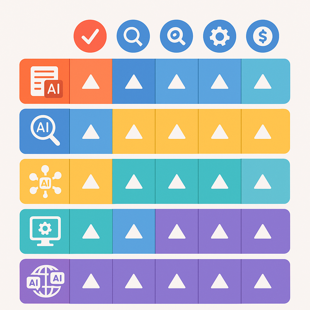 Feature comparison chart of AI content creation tool categories across publishing, SEO, and AI search tracking criteria