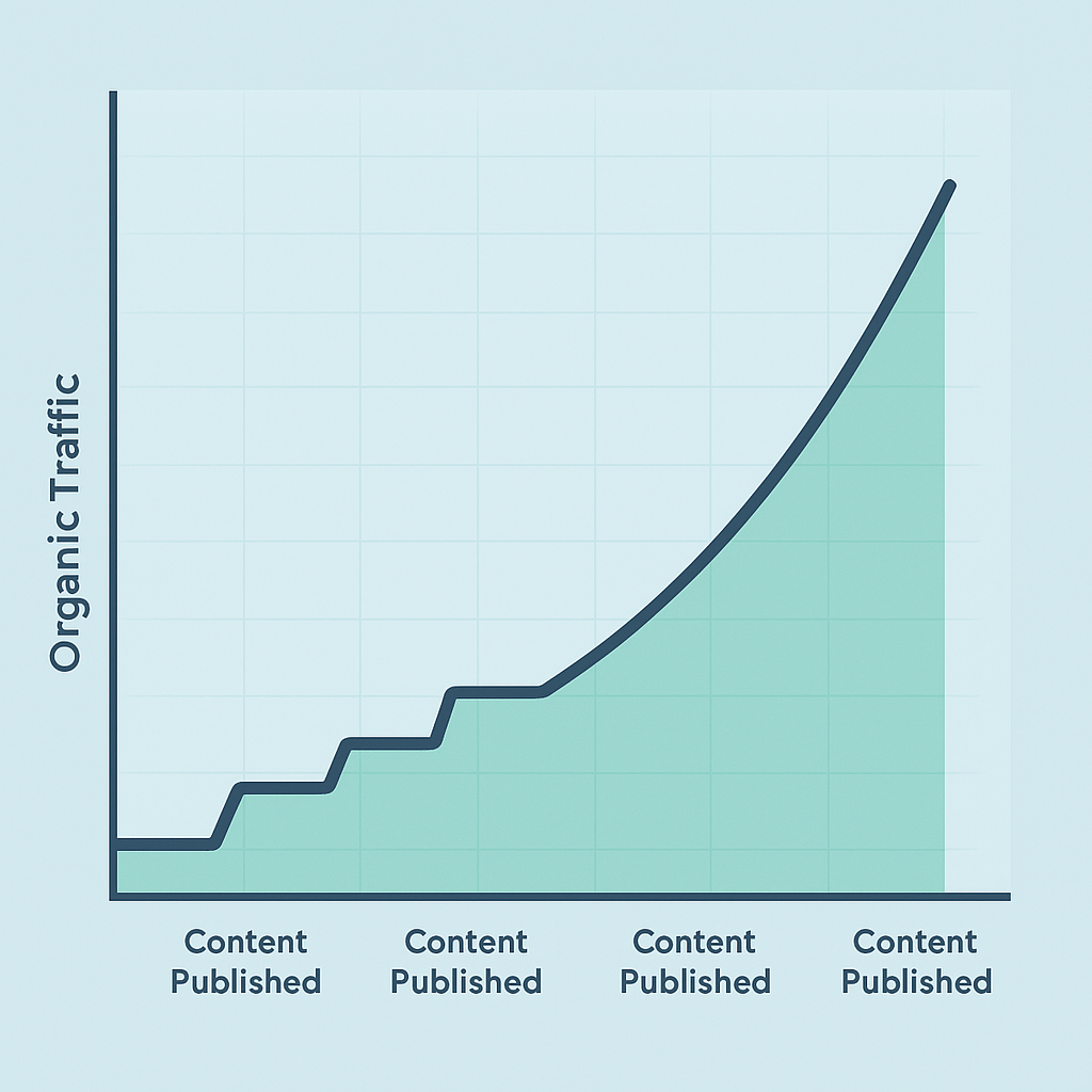 Graph showing organic traffic compounding over time as content volume and topical authority grow