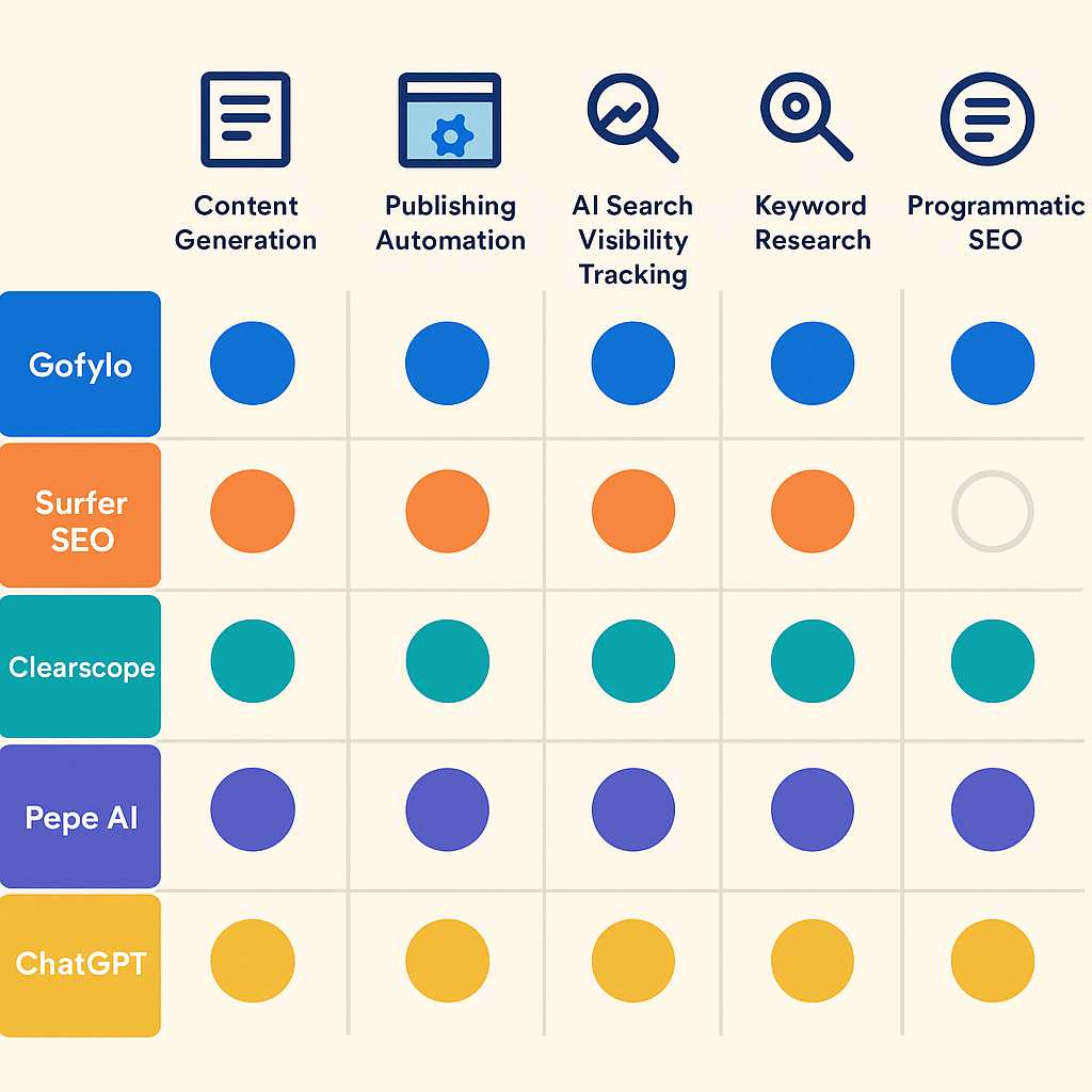 Capability comparison matrix for top SEO AI tools across content generation, publishing automation, AI search visibility, keyword research, and programmatic SEO