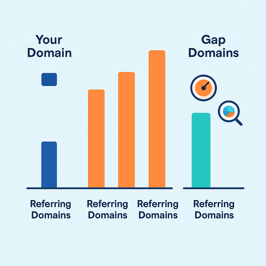 Backlink gap analysis workflow infographic showing referring domain counts for your domain versus three competitors and the identified gap domains
