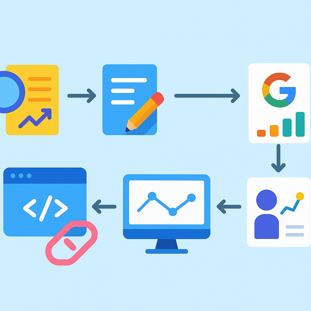 Business blogging workflow diagram showing steps from keyword research to AI search visibility tracking