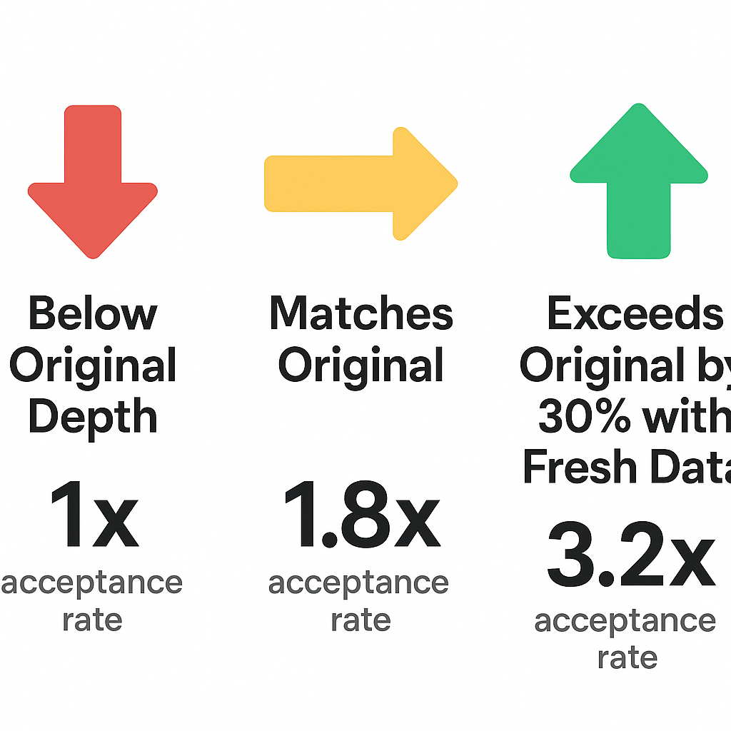 Infographic comparing broken link replacement content depth to acceptance rate showing 3.2x lift for content exceeding original by 30%