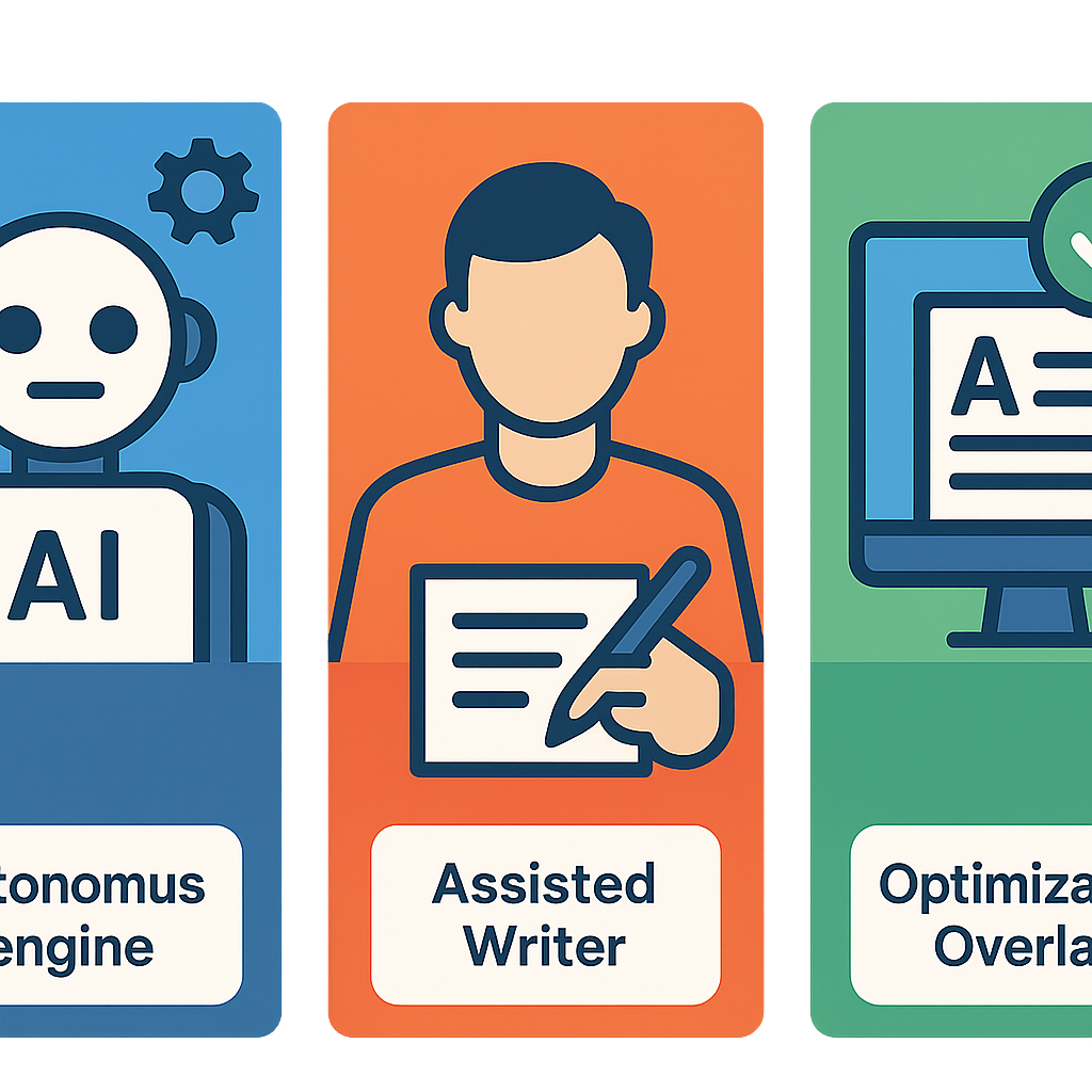 Comparison diagram showing three tiers of AI writing tools: autonomous content engines, assisted writing layers, and optimization overlays