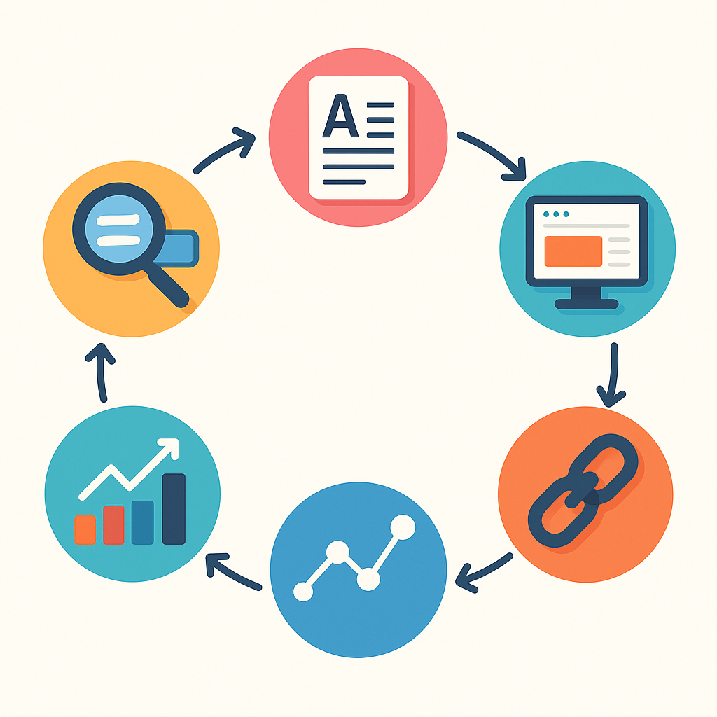 Infographic showing the six core functions of an auto SEO platform in a compounding growth loop