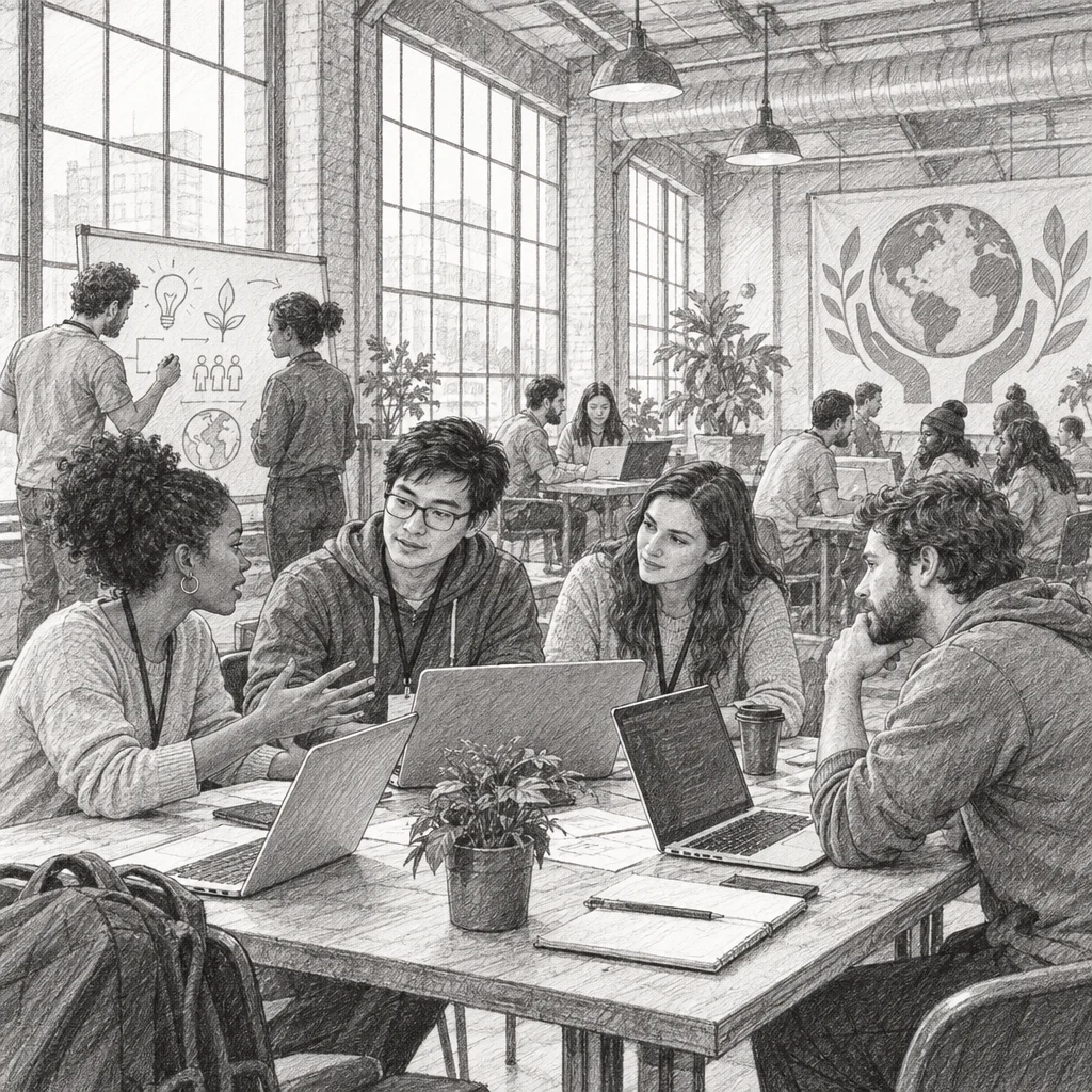 Developers collaborating at a social good hackathon in a converted industrial workspace