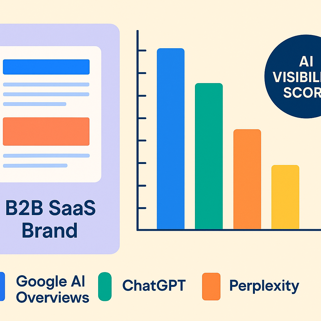 infographic showing how B2B SaaS content earns citations across Google AI Overviews, ChatGPT, Claude, Perplexity, and Gemini with an AI Visibility Score benchmark