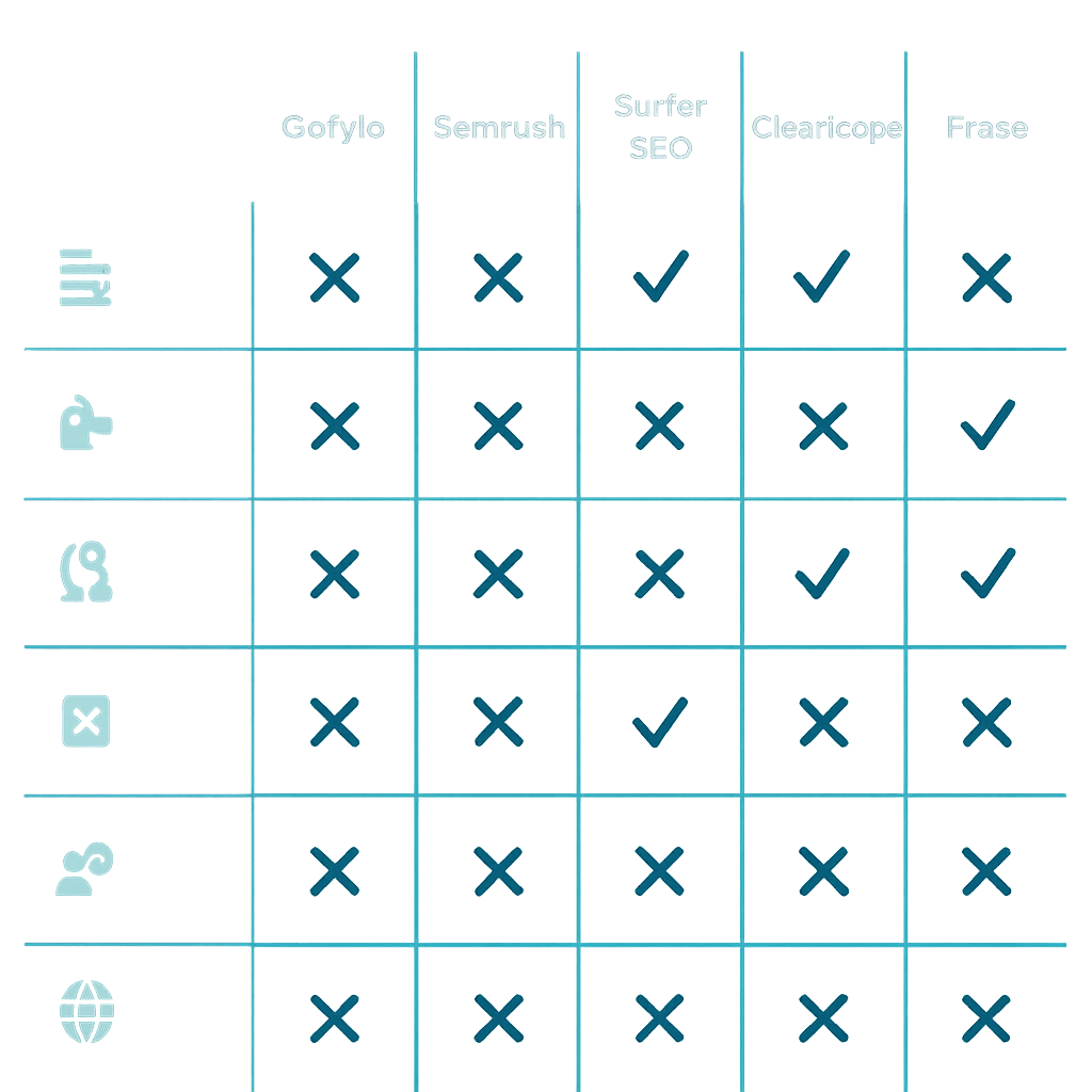 Feature comparison matrix for top AI SEO tools including Gofylo, Semrush, Surfer SEO, Clearscope, and Frase