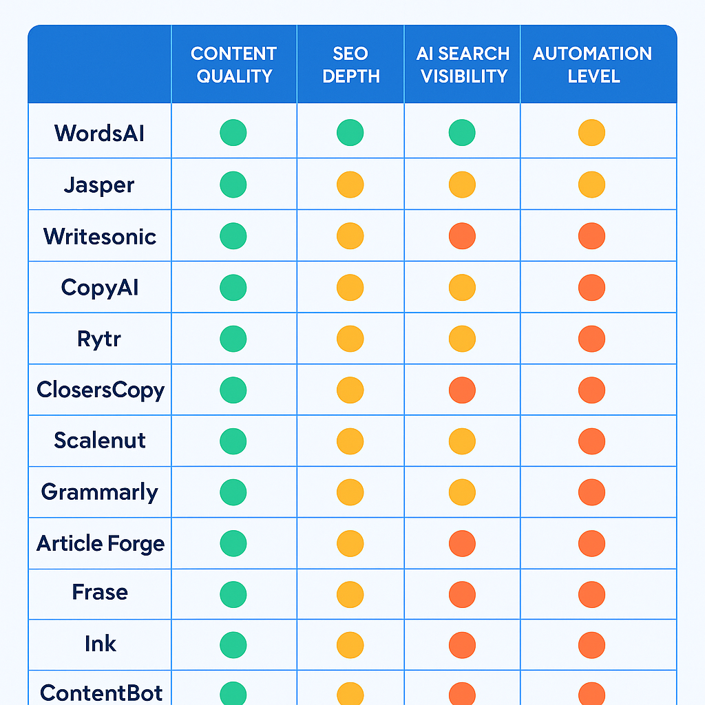 AI writing tools comparison matrix ranked by SEO impact and AI search visibility in 2026