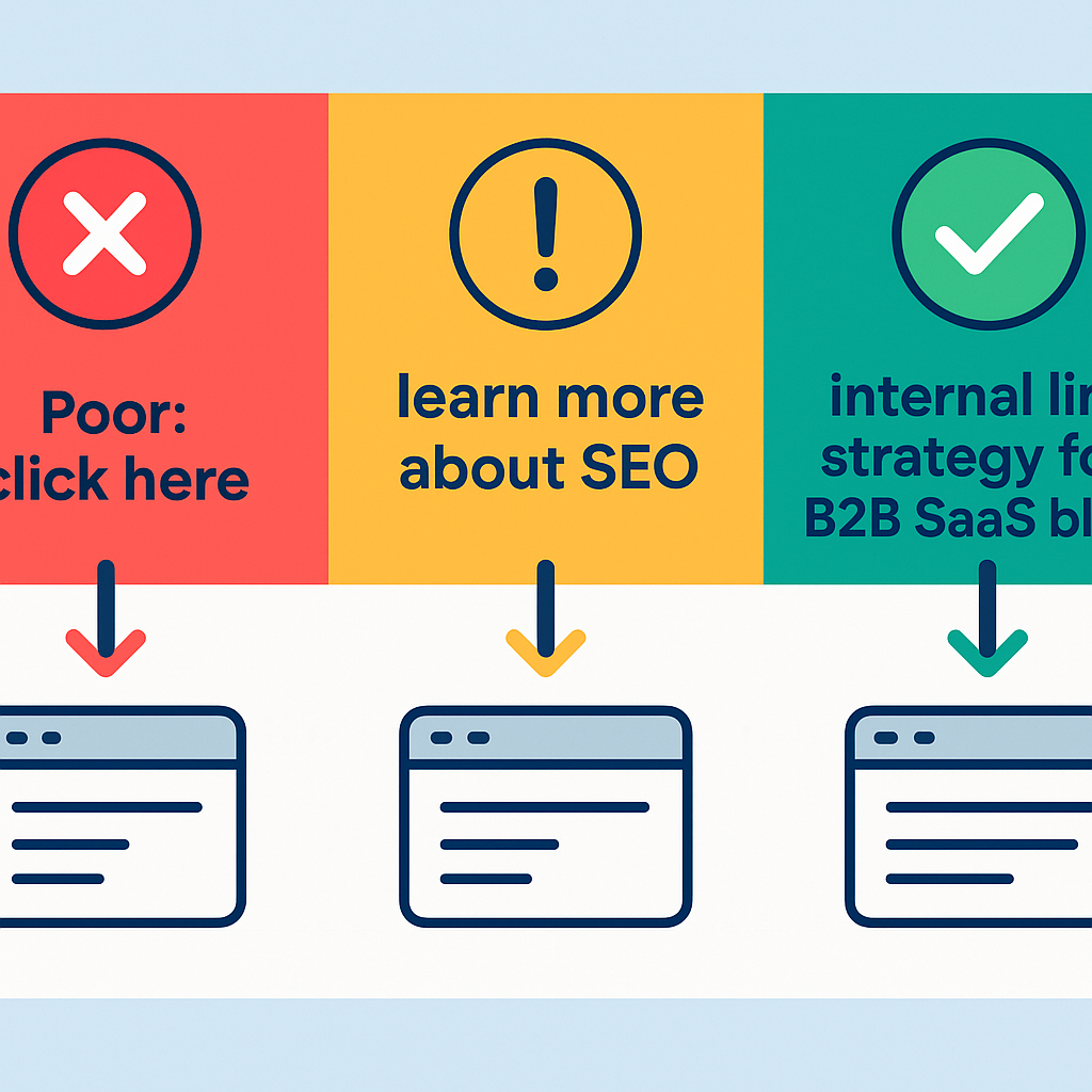 Anchor text quality comparison showing poor, acceptable, and best-practice internal link anchor text examples