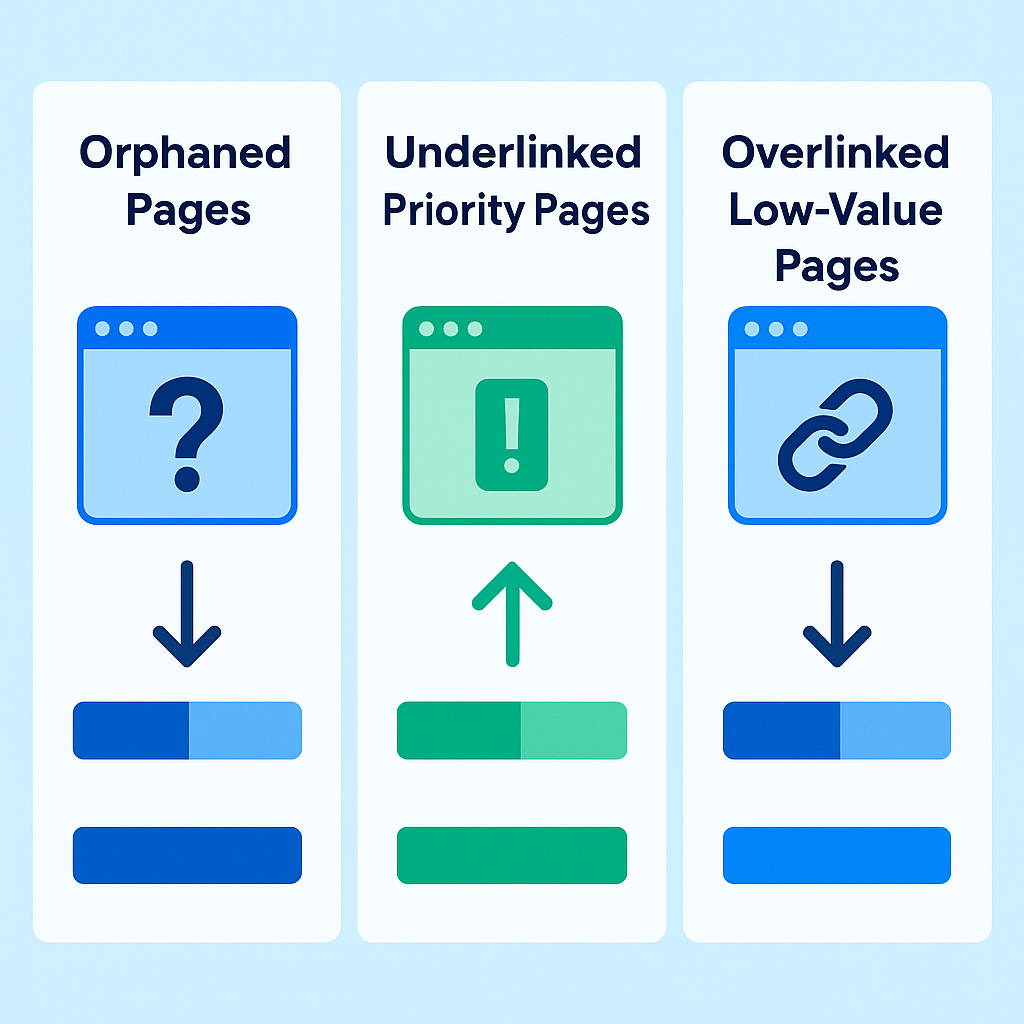 Internal link audit diagram showing orphaned pages, underlinked priority pages, and overlinked low-value pages