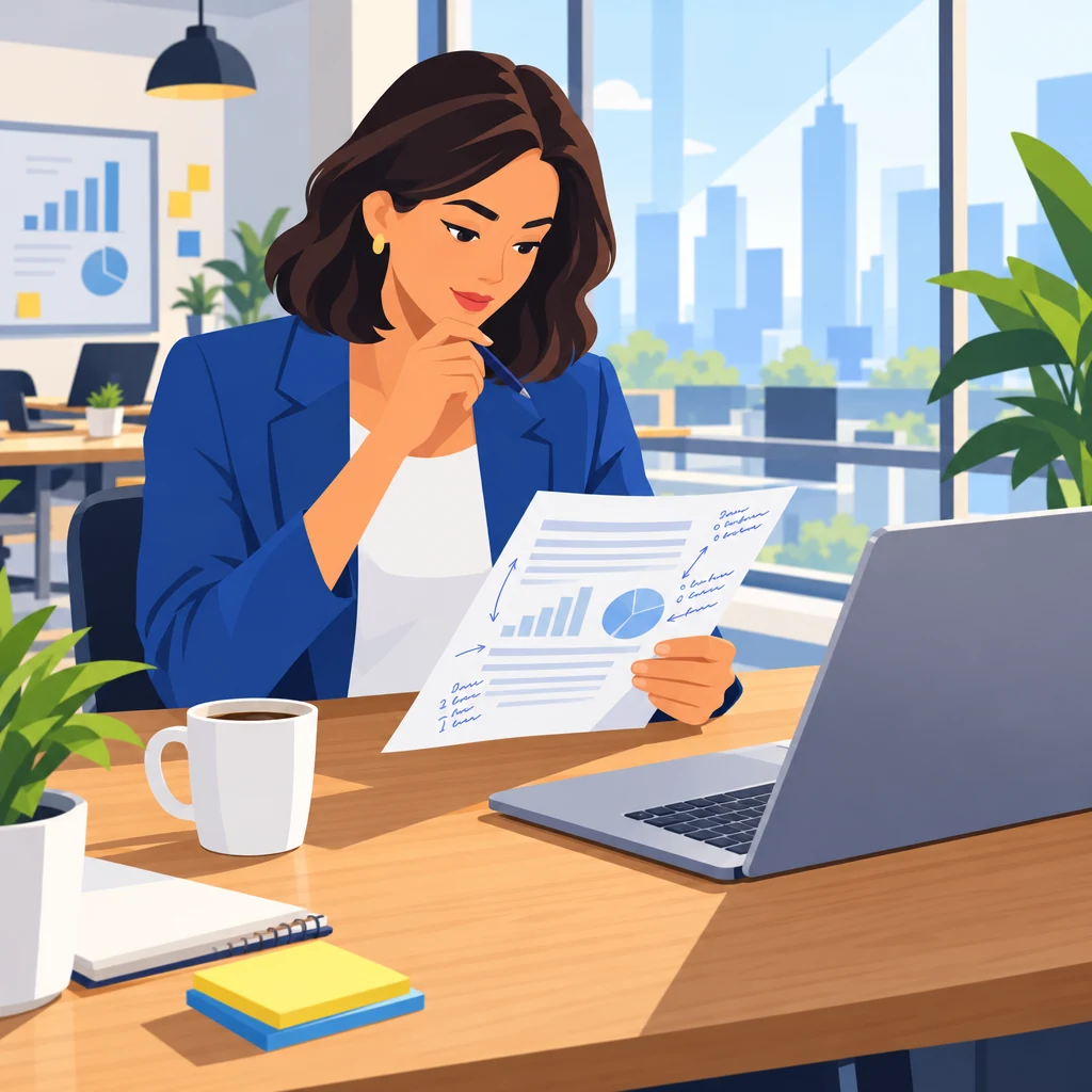 Marketing lead reviewing an SEO content brief with margin notes before assigning an article