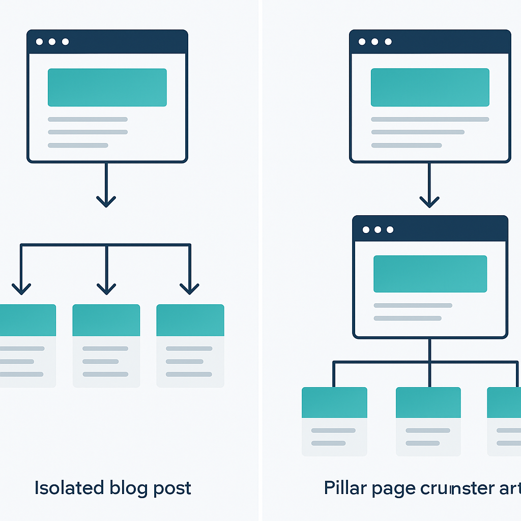 Diagram comparing isolated content architecture versus pillar-cluster content architecture for topical authority in SEO