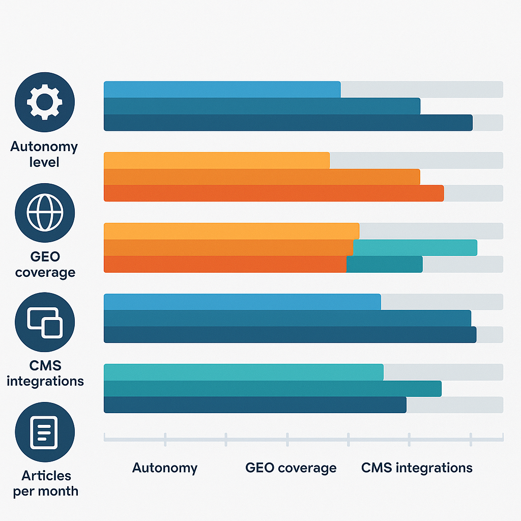 Comparison chart of top AI powered content creation platforms ranked by autonomy, GEO coverage, CMS integrations, and monthly output