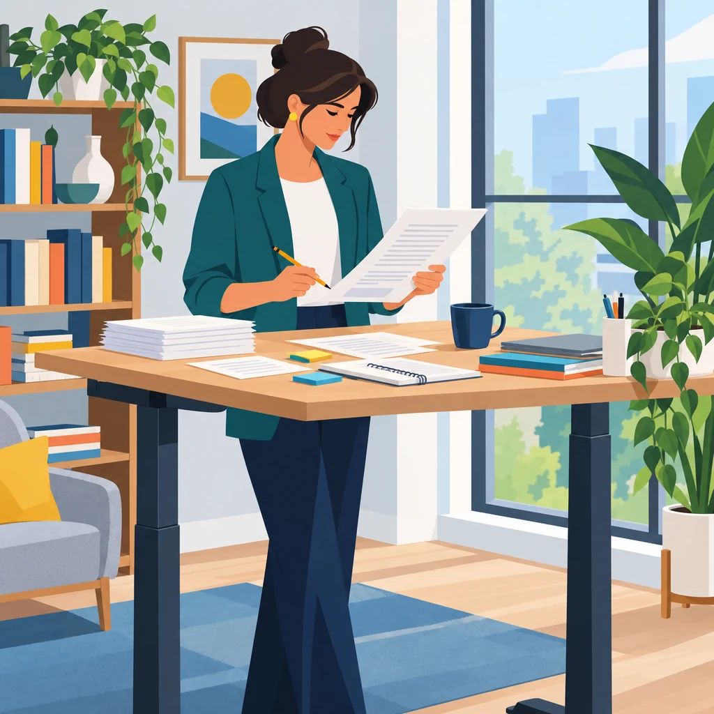 A writer at a standing desk reviewing a printed draft with a pencil, notes scattered beside a coffee mug, calm studio with plants and soft daylight