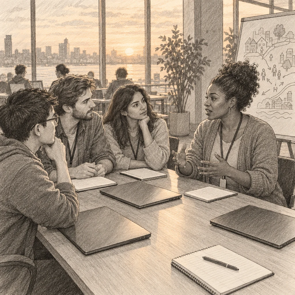 A small team at a hackathon talking with a community organizer who is explaining a problem, laptops closed on the table, notebooks open, warm evening light through large windows