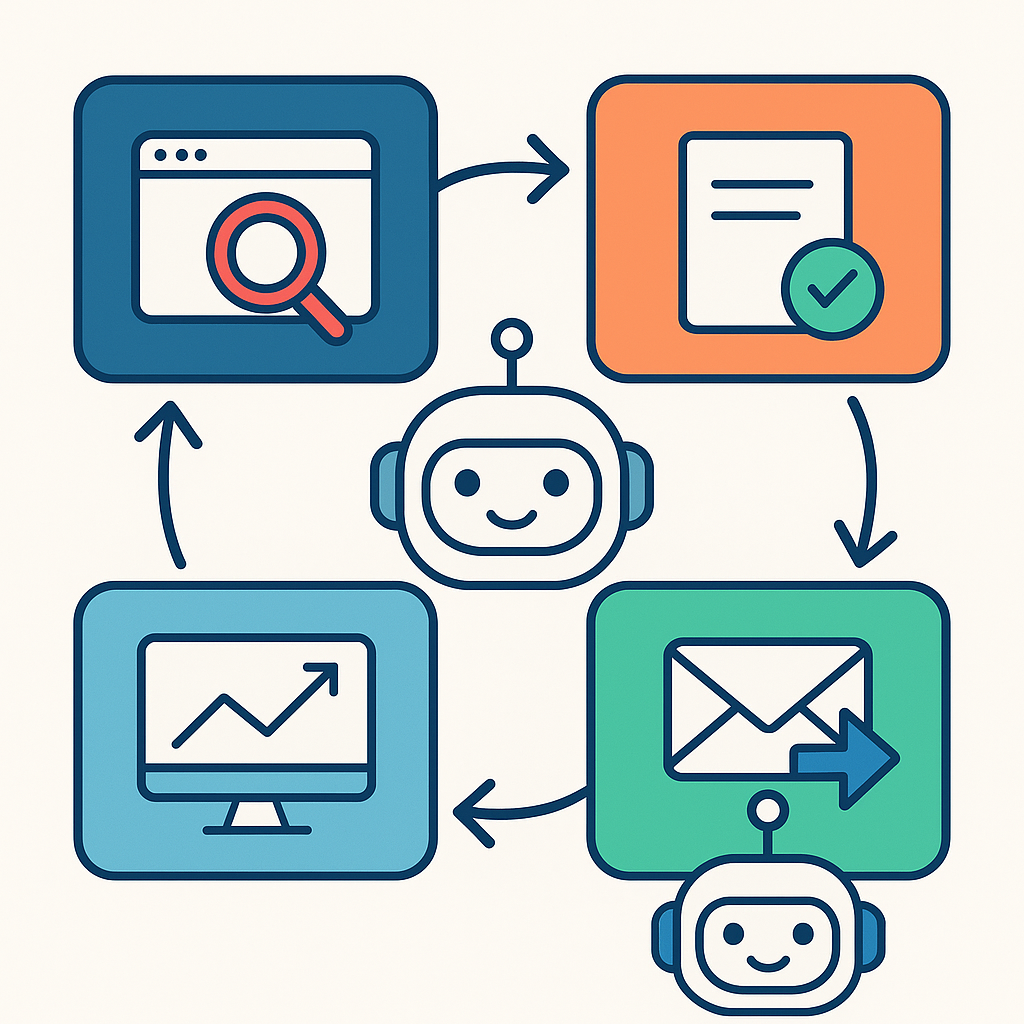 Backlink automation system showing four stages: prospecting, quality qualification, outreach, and monitoring in a continuous loop