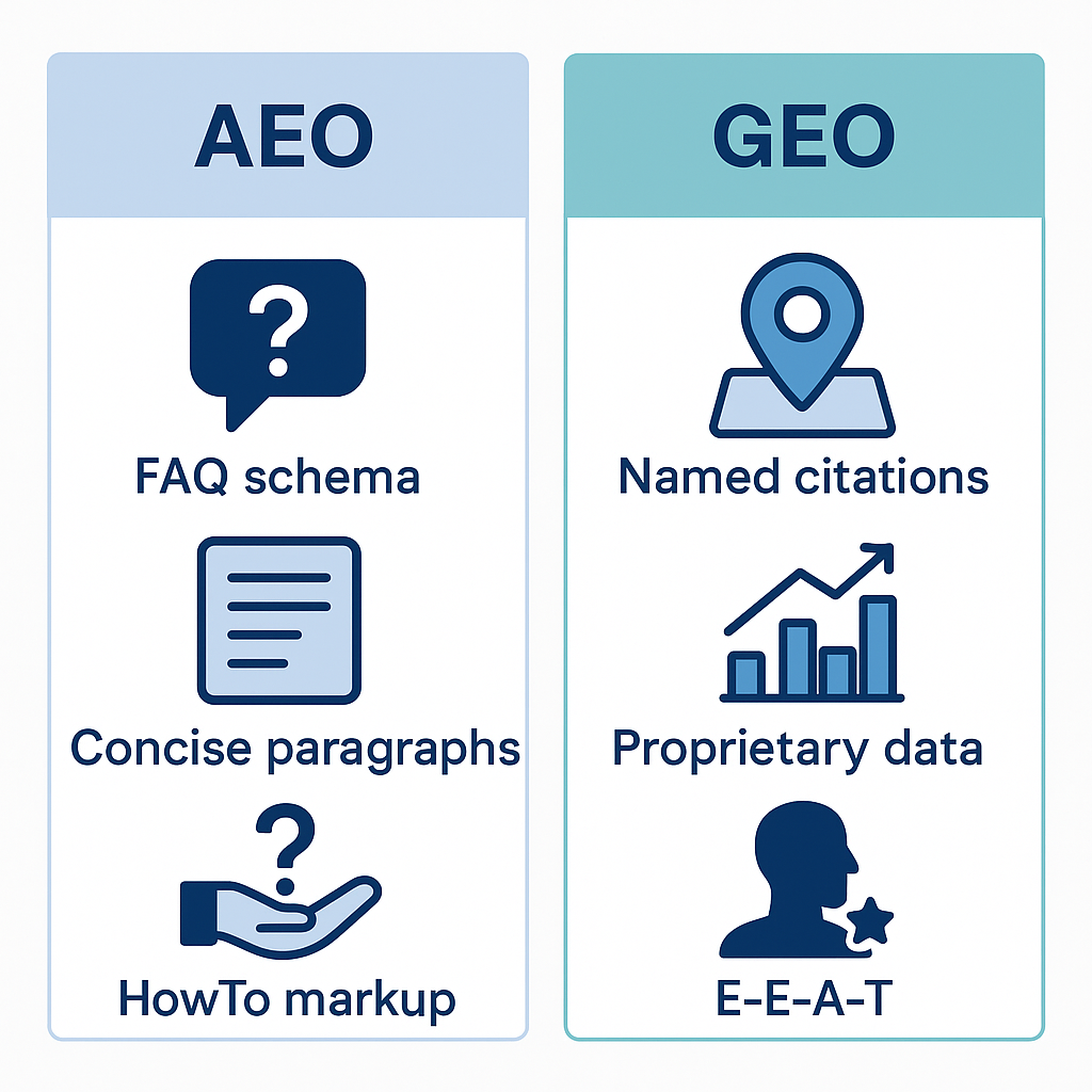 AEO vs GEO content signals checklist infographic for B2B SaaS marketers